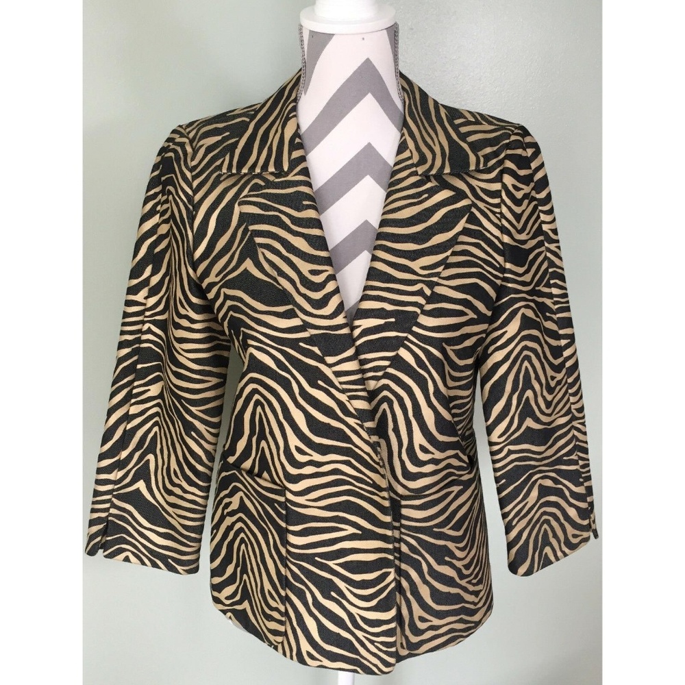 LINDA ALLARD ELLEN TRACY Cat Print Denim Blazer